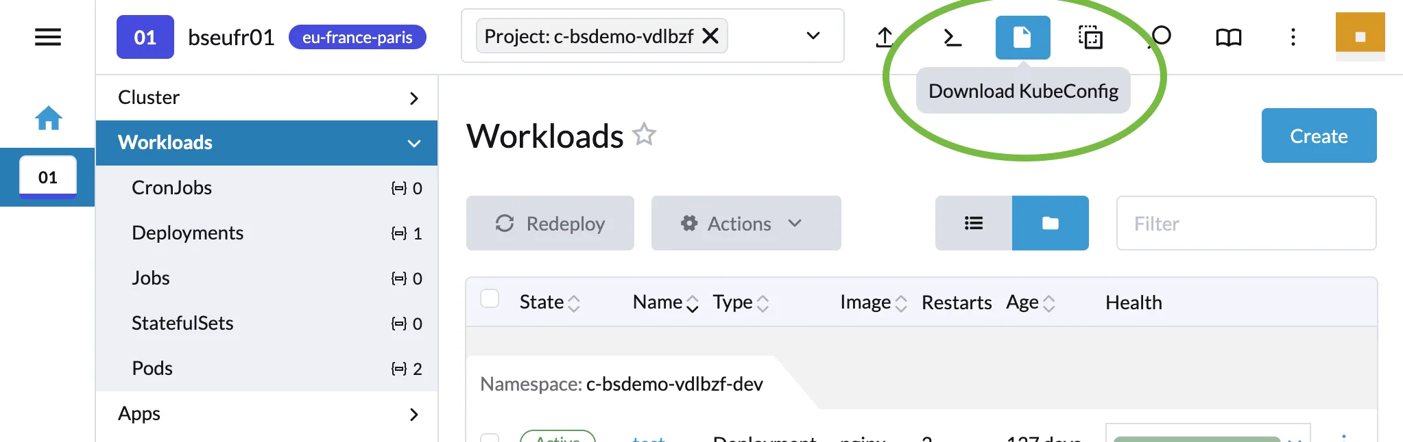 Localisation du bouton download kubeconfig dans Rancher